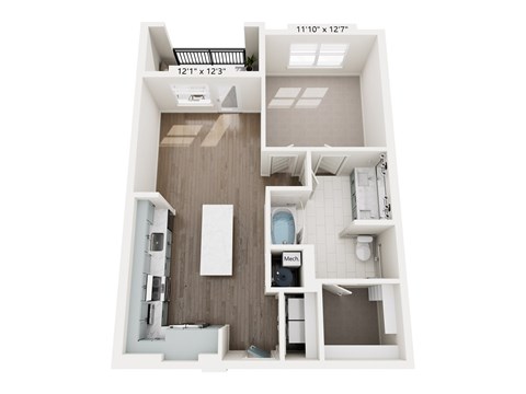 A floor plan of a small apartment with a kitchen, bathroom, and living room.